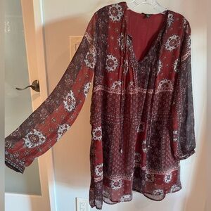 Maison Coupe Bohemian Burgundy Paisley Floral Print Long Sleeve Mini Dress SM